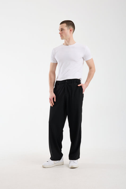 Men's Black Trousers with Zipper and Elastic Waistband X-1010