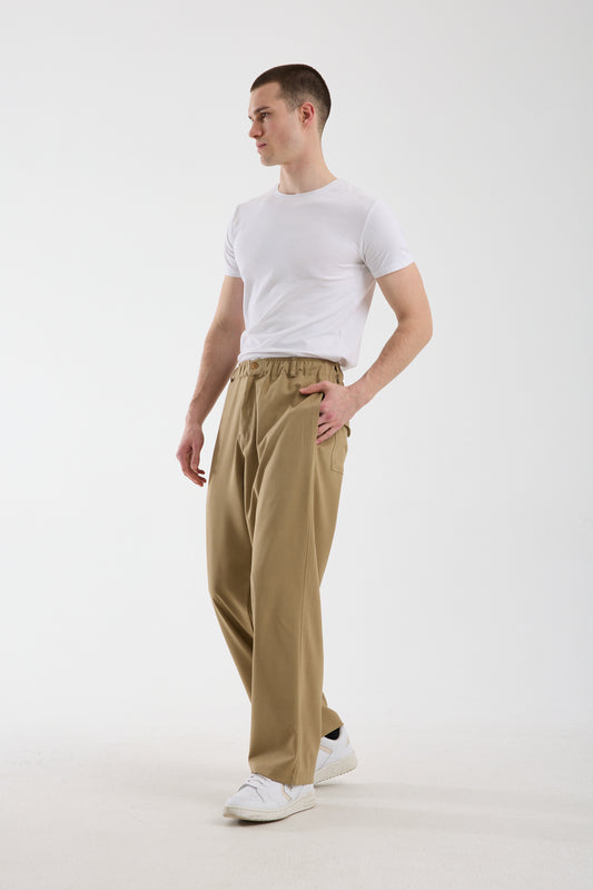 Men's Camel Trousers with Zipper and Elastic Waistband X-1010