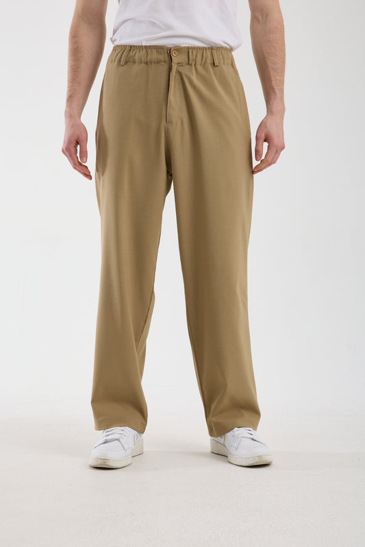 Men's Camel Trousers with Zipper and Elastic Waistband X-1010
