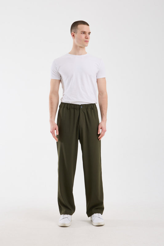 Men's Khaki Green Trousers with Zipper and Elastic Waistband X-1010