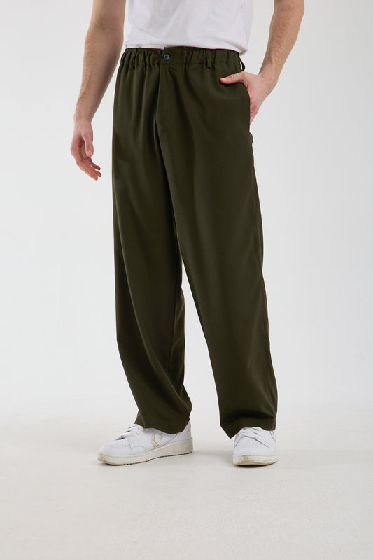 Men's Khaki Green Trousers with Zipper and Elastic Waistband X-1010