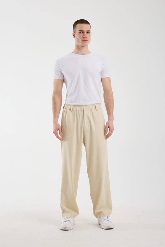 Men's Beige Trousers with Zipper and Elastic Waistband X-1010