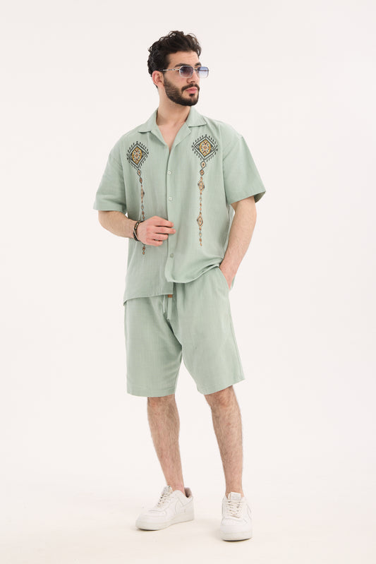Men’s Linen Shirt & Shorts Set with Embroidery – R-4441