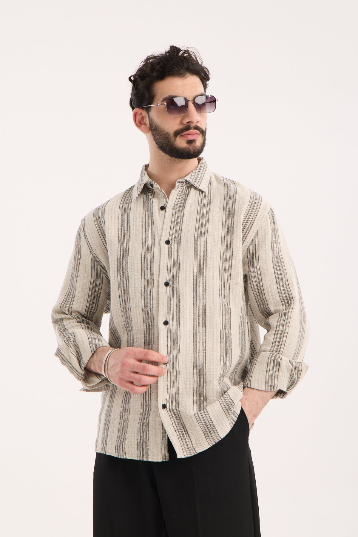 Men’s Long Sleeve Striped Muslin Band Collar Shirt R-6077
