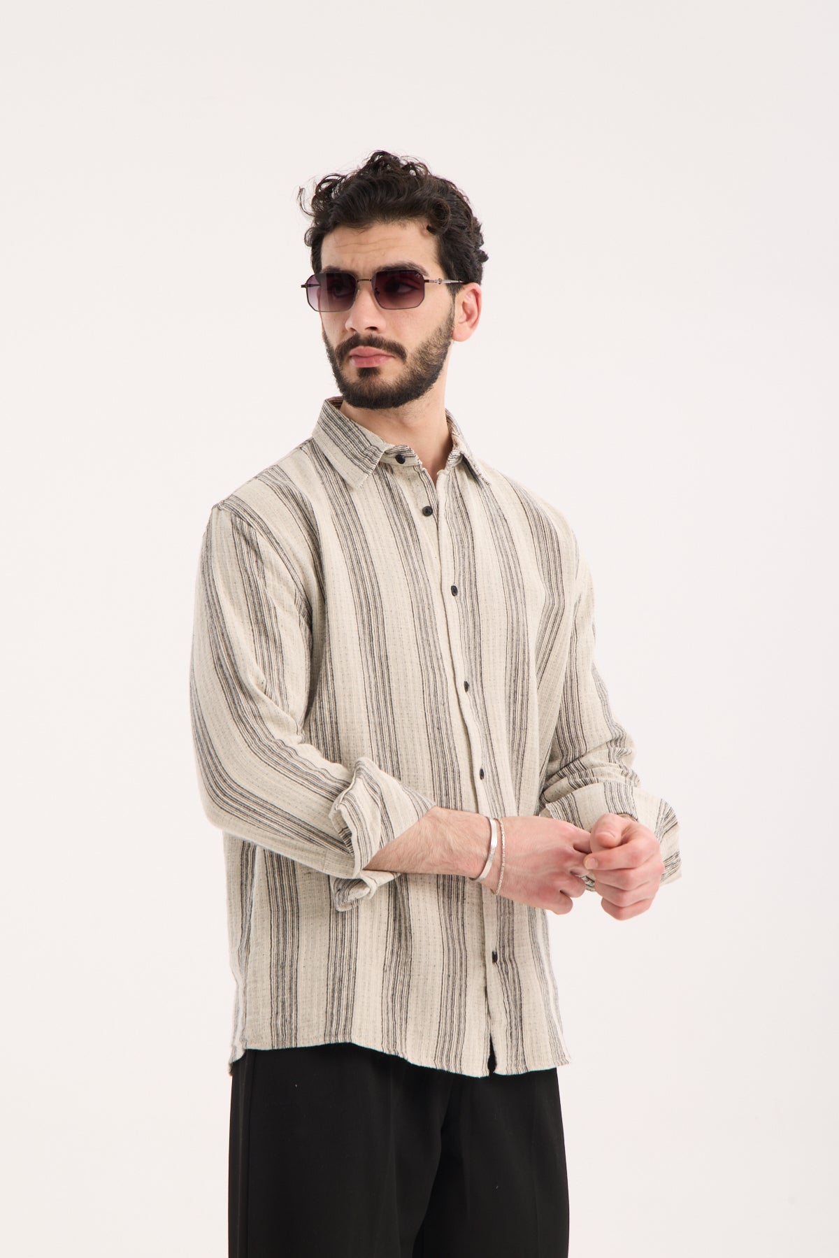 Men’s Long Sleeve Striped Muslin Band Collar Shirt R-6077