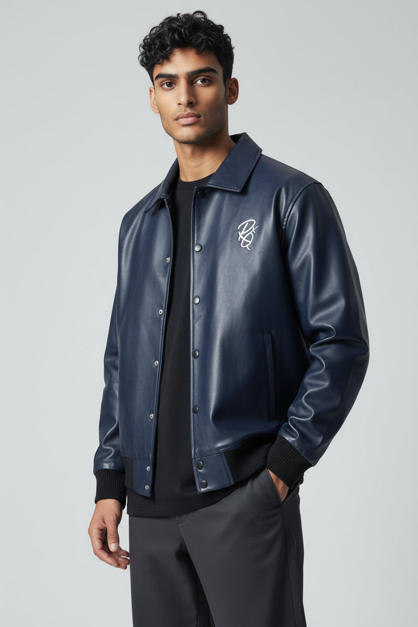 X-2017 Men’s Vegan Leather Varsity Jacket with Embroidered Back Detail