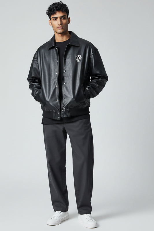 X-2017 Men’s Vegan Leather Varsity Jacket with Embroidered Back Detail