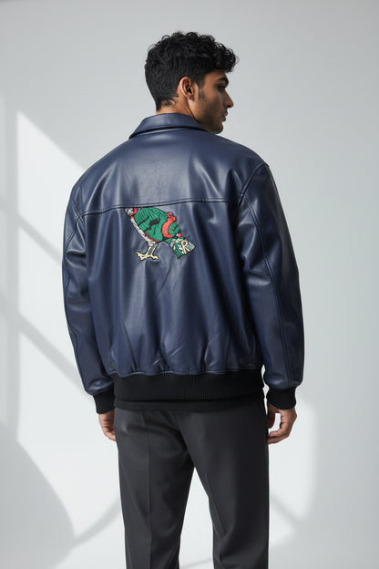 X-2017 Men’s Vegan Leather Varsity Jacket with Embroidered Back Detail