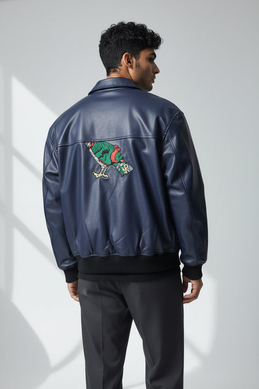 X-2017 Men’s Vegan Leather Varsity Jacket with Embroidered Back Detail