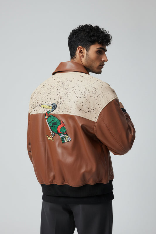 X-2017 Men’s Vegan Leather Varsity Jacket with Embroidered Back Detail