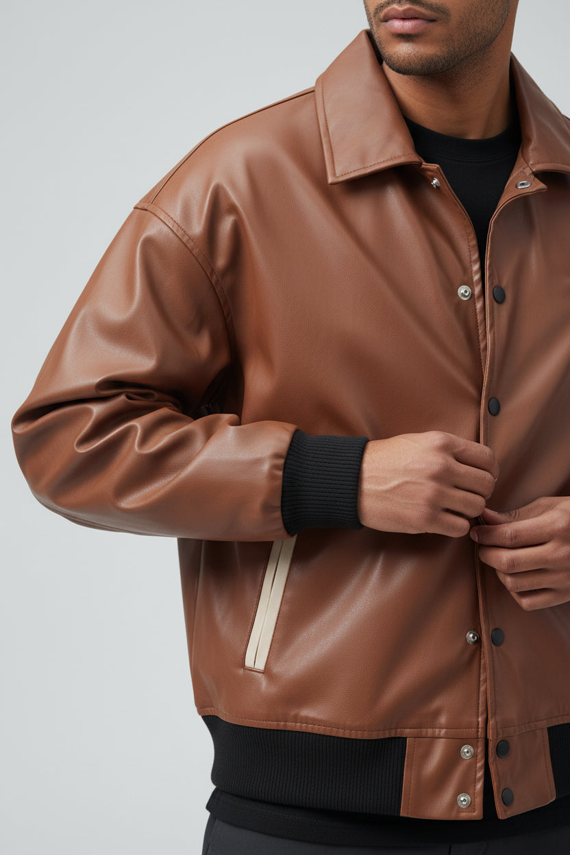 X-2017 Men’s Vegan Leather Varsity Jacket with Embroidered Back Detail