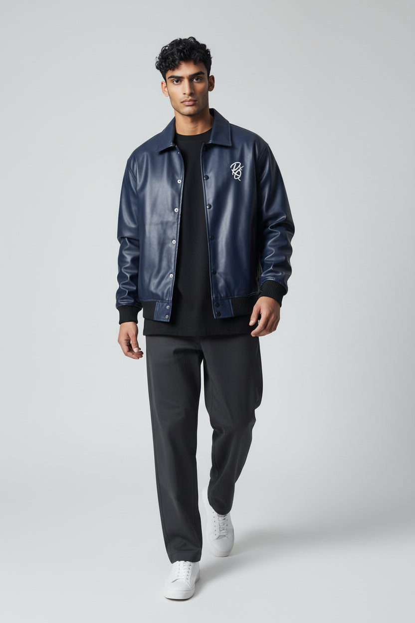 X-2017 Men’s Vegan Leather Varsity Jacket with Embroidered Back Detail