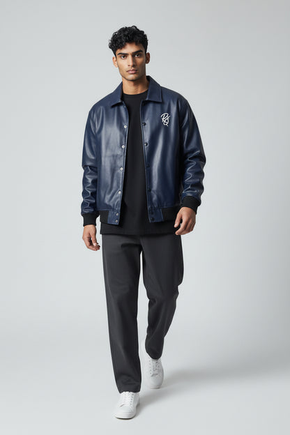 X-2017 Men’s Vegan Leather Varsity Jacket with Embroidered Back Detail