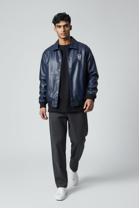 X-2017 Men’s Vegan Leather Varsity Jacket with Embroidered Back Detail