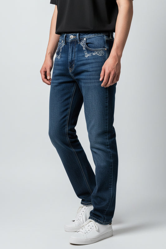 Men’s Blue Denim Jeans | Classic Style with Pocket Embroidery-T-3262