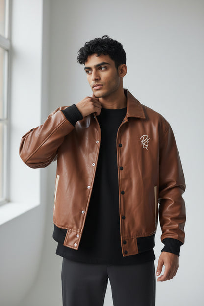 X-2017 Men’s Vegan Leather Varsity Jacket with Embroidered Back Detail
