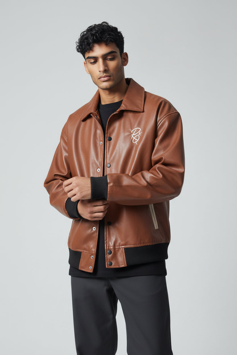 X-2017 Men’s Vegan Leather Varsity Jacket with Embroidered Back Detail