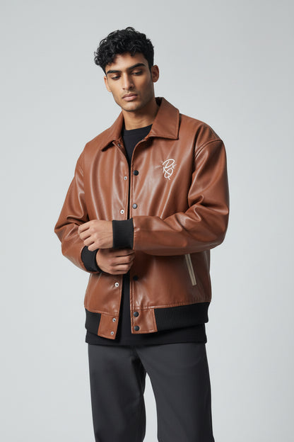 X-2017 Men’s Vegan Leather Varsity Jacket with Embroidered Back Detail