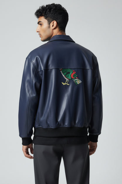 X-2017 Men’s Vegan Leather Varsity Jacket with Embroidered Back Detail