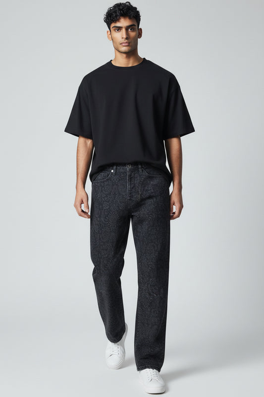 Men's Black Patterned Denim Jeans-T-3168-5