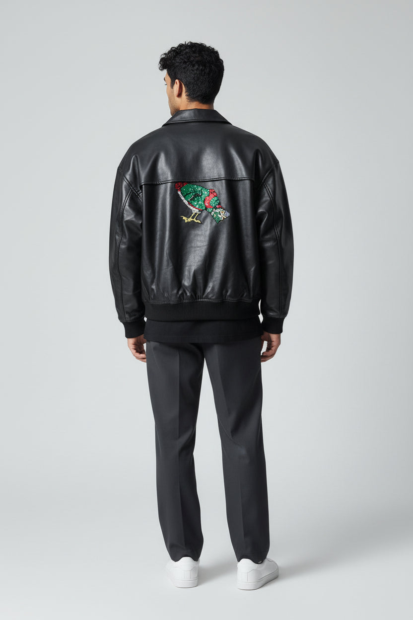 X-2017 Men’s Vegan Leather Varsity Jacket with Embroidered Back Detail