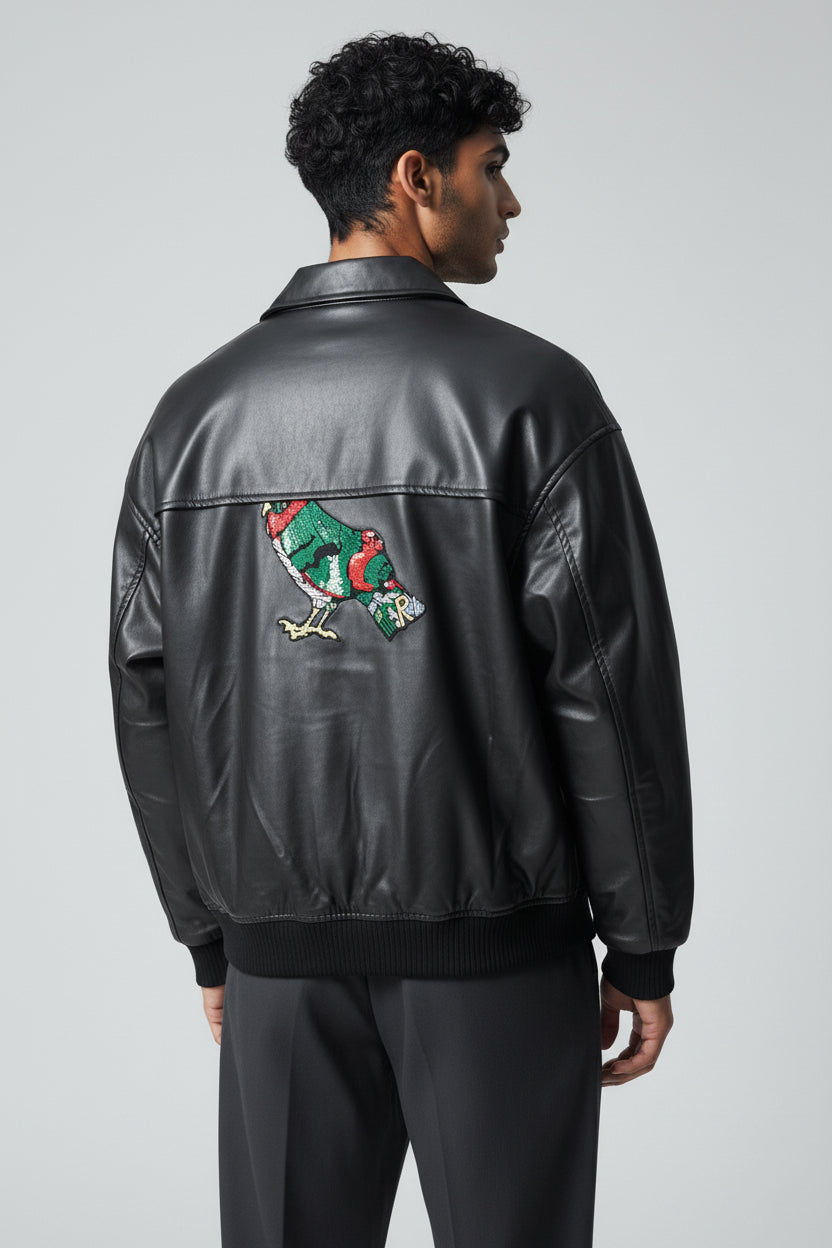X-2017 Men’s Vegan Leather Varsity Jacket with Embroidered Back Detail