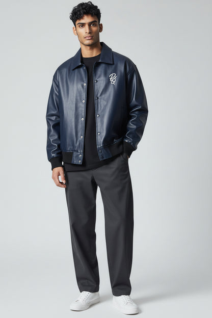 X-2017 Men’s Vegan Leather Varsity Jacket with Embroidered Back Detail