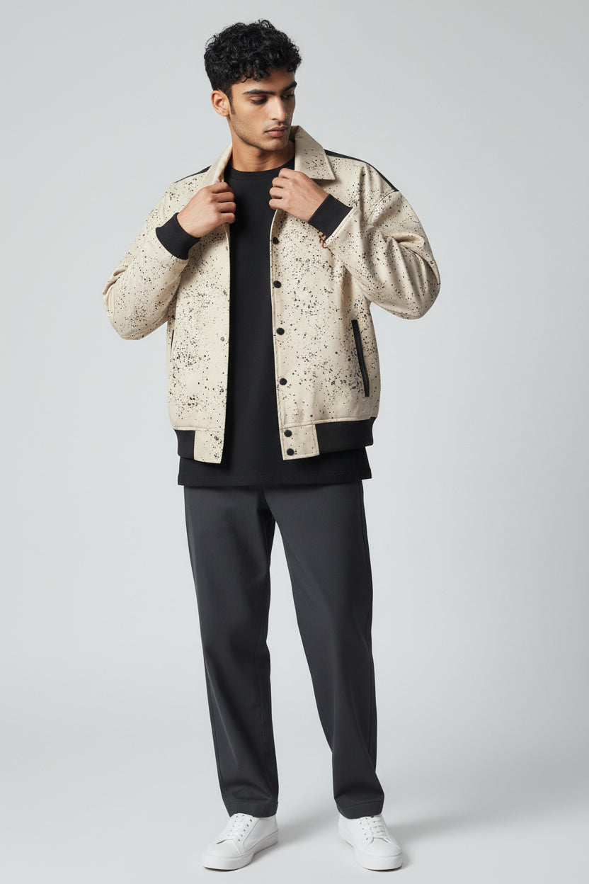 X-2017 Men’s Vegan Leather Varsity Jacket with Embroidered Back Detail