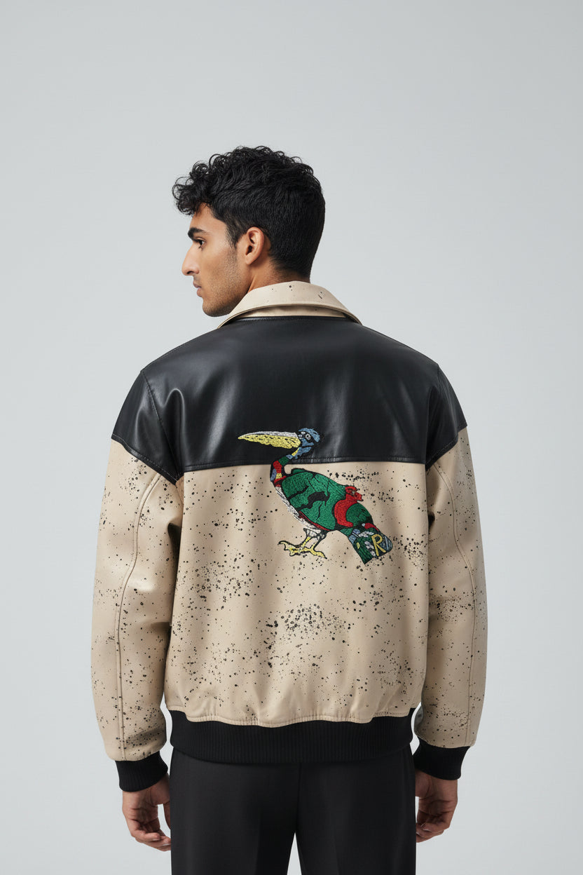 X-2017 Men’s Vegan Leather Varsity Jacket with Embroidered Back Detail