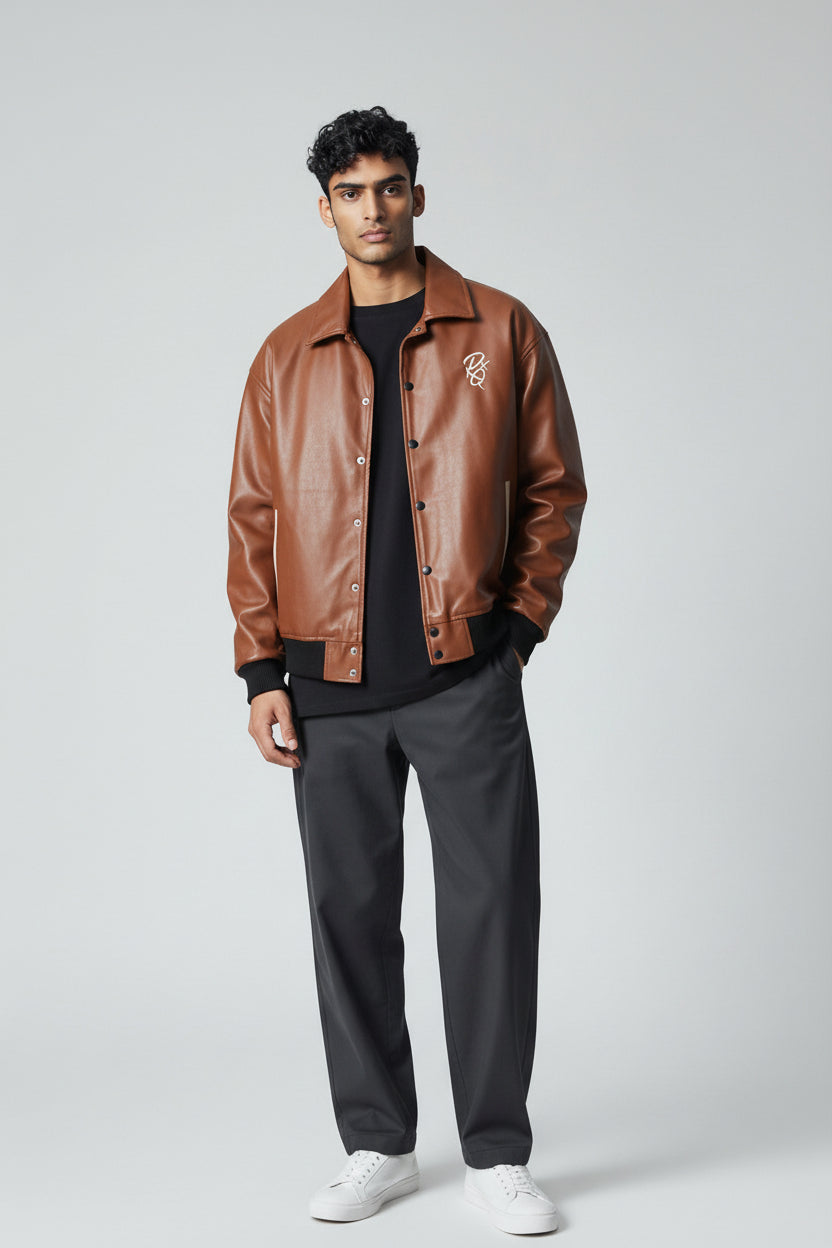 X-2017 Men’s Vegan Leather Varsity Jacket with Embroidered Back Detail