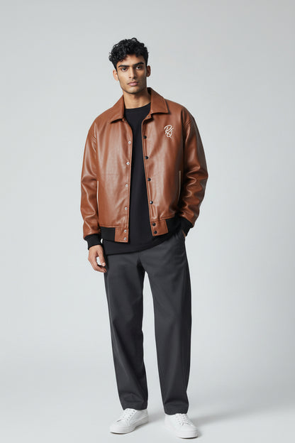 X-2017 Men’s Vegan Leather Varsity Jacket with Embroidered Back Detail