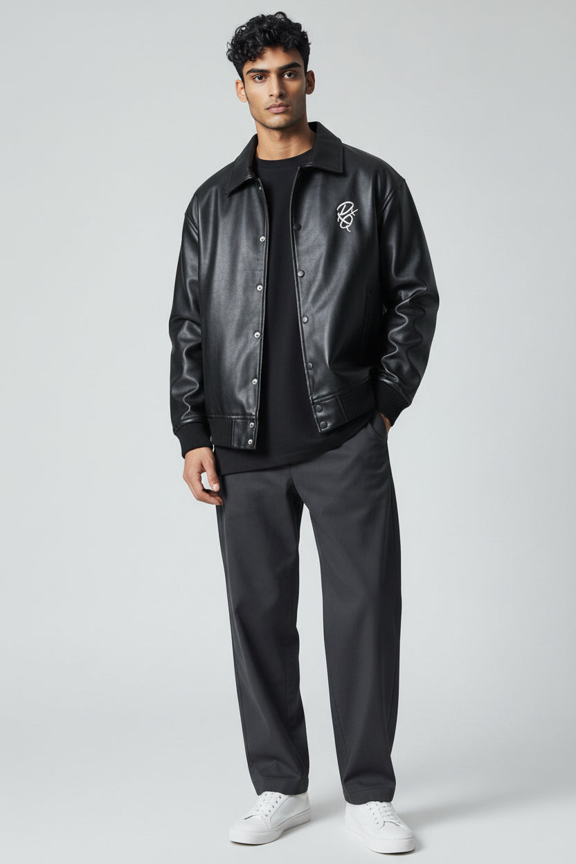 X-2017 Men’s Vegan Leather Varsity Jacket with Embroidered Back Detail