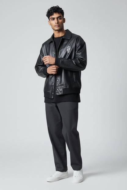 X-2017 Men’s Vegan Leather Varsity Jacket with Embroidered Back Detail