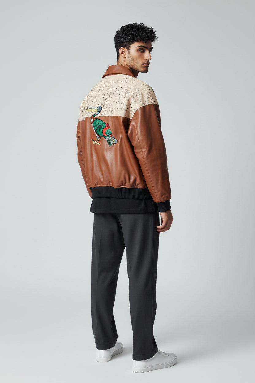 X-2017 Men’s Vegan Leather Varsity Jacket with Embroidered Back Detail