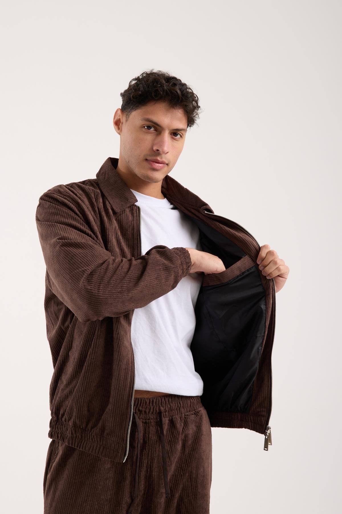 X-2037 Men’s Velour Zip Jacket & Matching Trousers Set – Brown