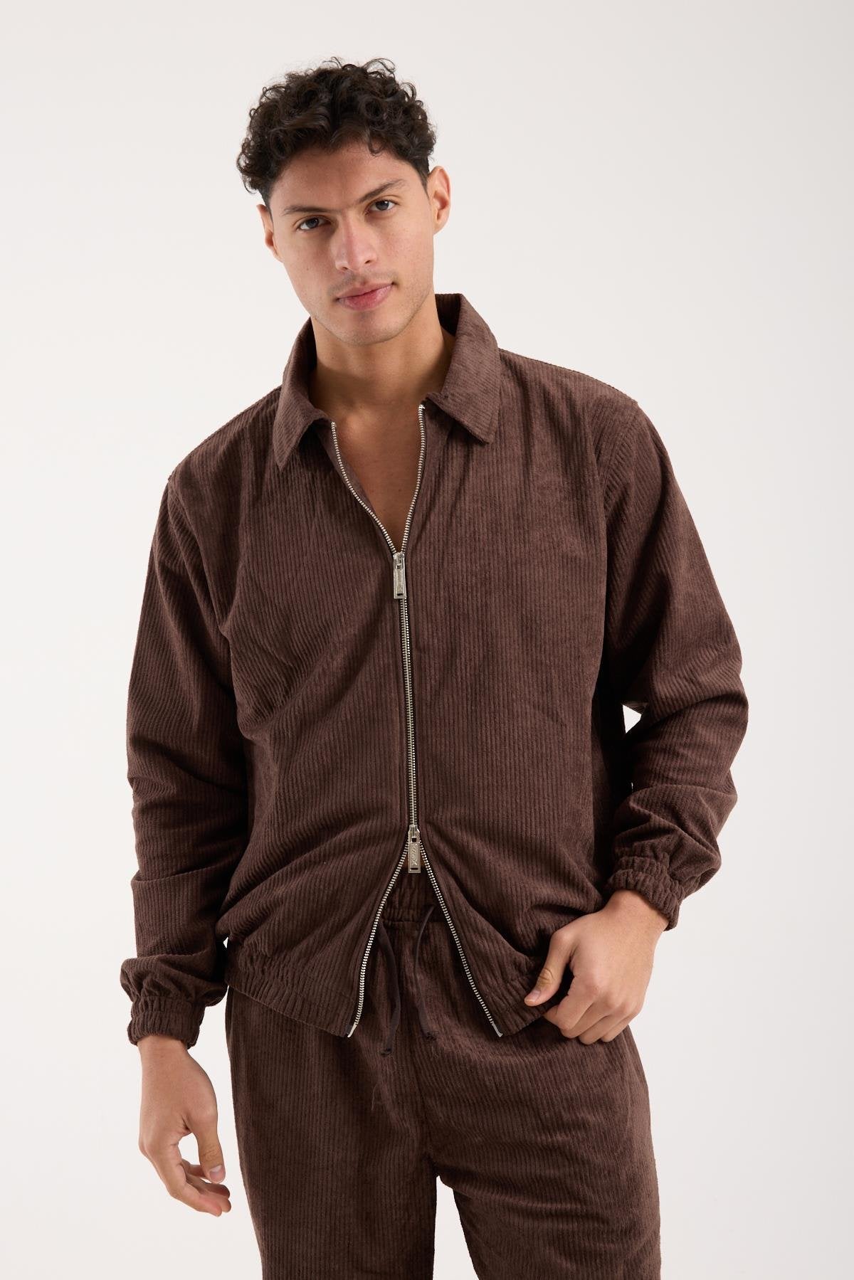 X-2037 Men’s Velour Zip Jacket & Matching Trousers Set – Brown