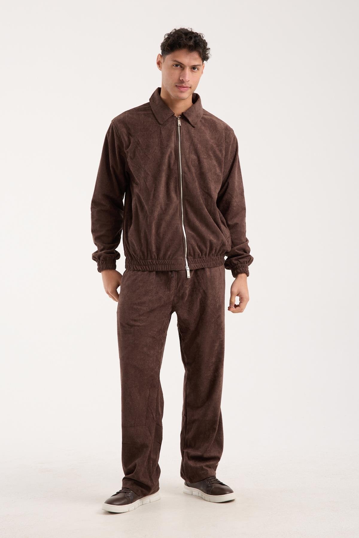 X-2037 Men’s Velour Zip Jacket & Matching Trousers Set – Brown