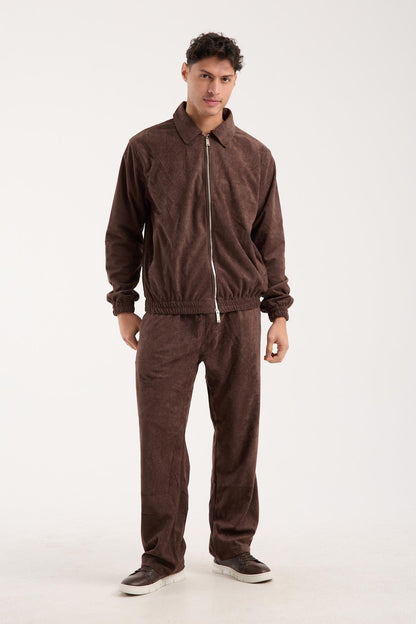 X-2037 Men’s Velour Zip Jacket & Matching Trousers Set – Brown