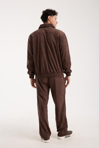 X-2037 Men’s Velour Zip Jacket & Matching Trousers Set – Brown